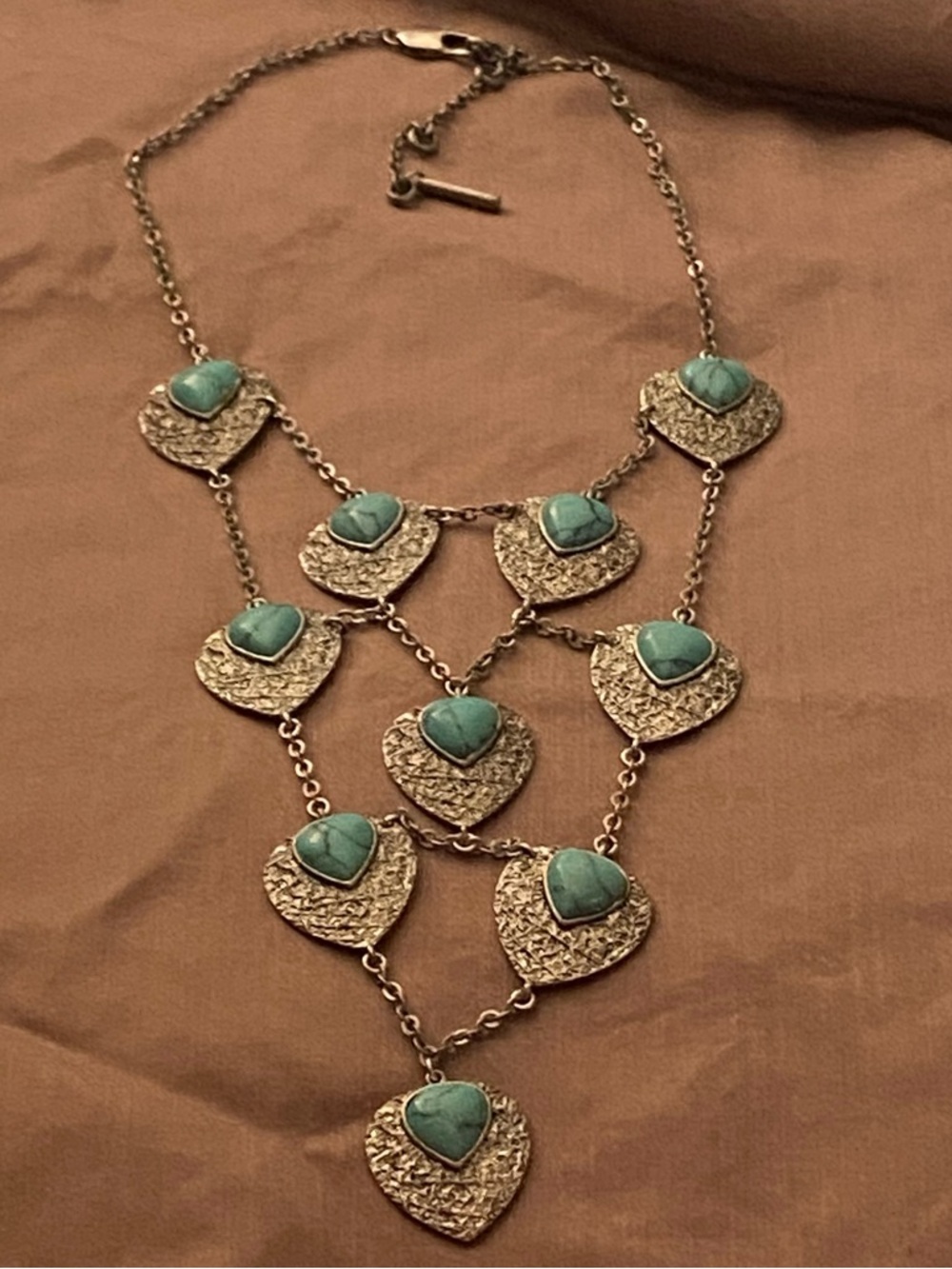 Vtg 12” To 15” Necklace Silver Hearts Turquoise Stone Center Western Southwest